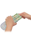 Two hands holding a small green box with baby items on a white background