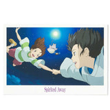 Two animated characters from 'Spirited Away' holding hands against a night sky with a moon.