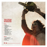 Album cover for 'The Texas Chain Saw Massacre' with a person holding a chainsaw and track list on the left.