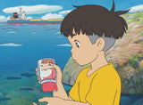 Animated character holding a phone with a cartoon character on it, sitting by the sea with a ship in the background.