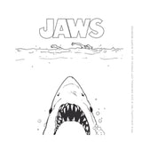Black and white illustration page of a coloring book of a shark and swimmers with 'JAWS' text on a white background