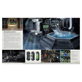 Illustrated interior design of a futuristic or sci-fi setting with text and images.
