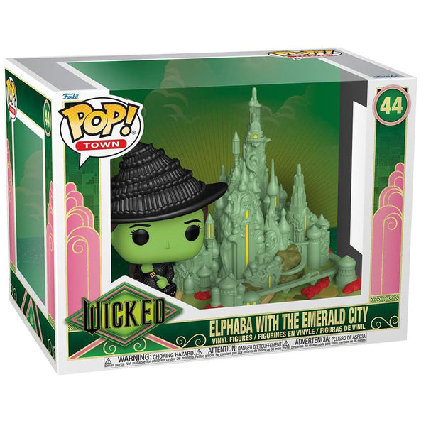 Funko Pop! vinyl figure packaging featuring Elphaba with the Emerald City from Wicked on a white background.