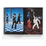 Open book showing two pages with people dancing in different settings.