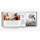 Open book showing illustrations of a fox and other characters on a white background