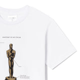 White t-shirt with black illustration of an Oscar statue and text on a white background