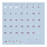 Calendar with a light blue background and purple text displaying dates.