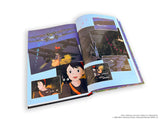Open book showing animated characters and scenes on a white background from Studio Ghibli's Kiki's delivery service movie 