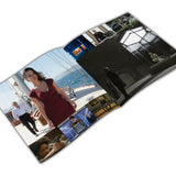 Open photo album with various images of people and scenes.