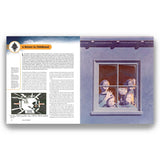 Book open to a page with text and illustration of children looking out a window.