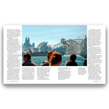 People looking at the Sydney Opera House and Bridge in a magazine layout.