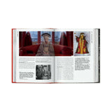 Open book with images of people and a red background