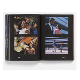 Open book showing a series of black and white photographs with people in various poses.