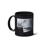 black mug with architectural design of the Academy Museum and the Hollywood Sign in Los Angeles