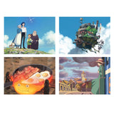Four animated scenes including a family, a floating village, a bowl of ramen, and a cityscape.