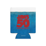 Blue can cooler with red 'JAWS 50th Anniversary' text on a white background