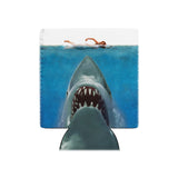 Can cooler with shark design and people in water on a white background. Celebrate 50 years of Jaws with our stylish can cooler! Keep your drinks chilled with bold artwork, perfect for beach days and movie marathons.