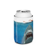 Can cooler with shark design on a white background. Celebrate 50 years of Jaws with our stylish can cooler! Keep your drinks chilled with bold artwork, perfect for beach days and movie marathons.