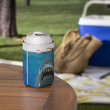 Can with shark design cooler on a wooden table outdoors