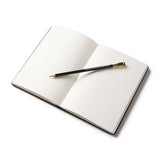Open notebook with a pencil on a white background