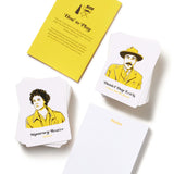 Card game with character cards and a yellow instruction card on a white background