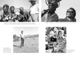 Collection of black and white photographs featuring people on a set, with text overlay.