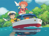 Animated characters on a boat with a scenic background