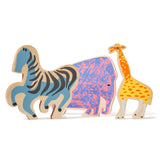 Wooden animal toys including a zebra, rhino, and giraffe on a white background