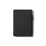 Black notebook with a pen on a white background 