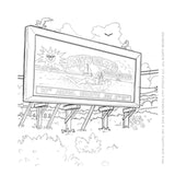 Blank Coloring Book page of a billboard with 'Amity Island' text, surrounded by nature from  the movie Jaws (1975)