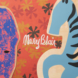 Colorful abstract design with 'Mary Blain' logo on a red background