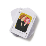 Playing cards with illustrated characters on a white background