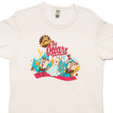 White t-shirt with colorful graphic design featuring cartoon characters and text on a white background