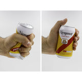 Two views of a hand holding a can of Narragansett Lager Beer stress squishy can  with visible branding. JAWS 50th Anniversary beer can squeeze toy stress ball