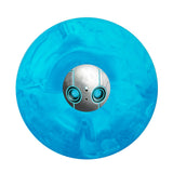 Blue vinyl record with a silver robot design on a white background