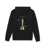 Men's Women's Adult Black hoodie with a gold Oscar statue design on the back against a white background