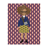 Illustration of Ruth Carter wearing glasses and a blue jacket on a patterned background