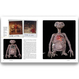 Book page with images of a creature resembling E.T. and text on a white background