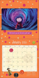 Calendar with illustration of Coraline from Laika in a tunnel and January 2026 layout on an orange background with polka dots.