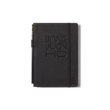 Black notebook with embossed logo of the movie director Bong Joon Ho on a white background