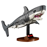 LEGO JAWS shark model on a stand with a white background Jaws (1975) 50th Anniversary Lego Set