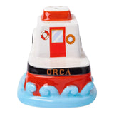 Decorative salt and pepper shaker shaped like a ship with 'Orca' branding on a white background