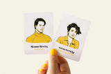 Two playing cards with illustrated portraits and names on a white background