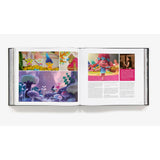 Open book showing colorful illustrations of animated characters on a white background