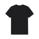 Black t-shirt on a white background view of the back of the tee