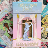 Tinseltown Tarot card deck packaging with vintage Hollywood illustrations.
